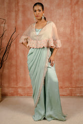 Peach and mint cape and pant saree set